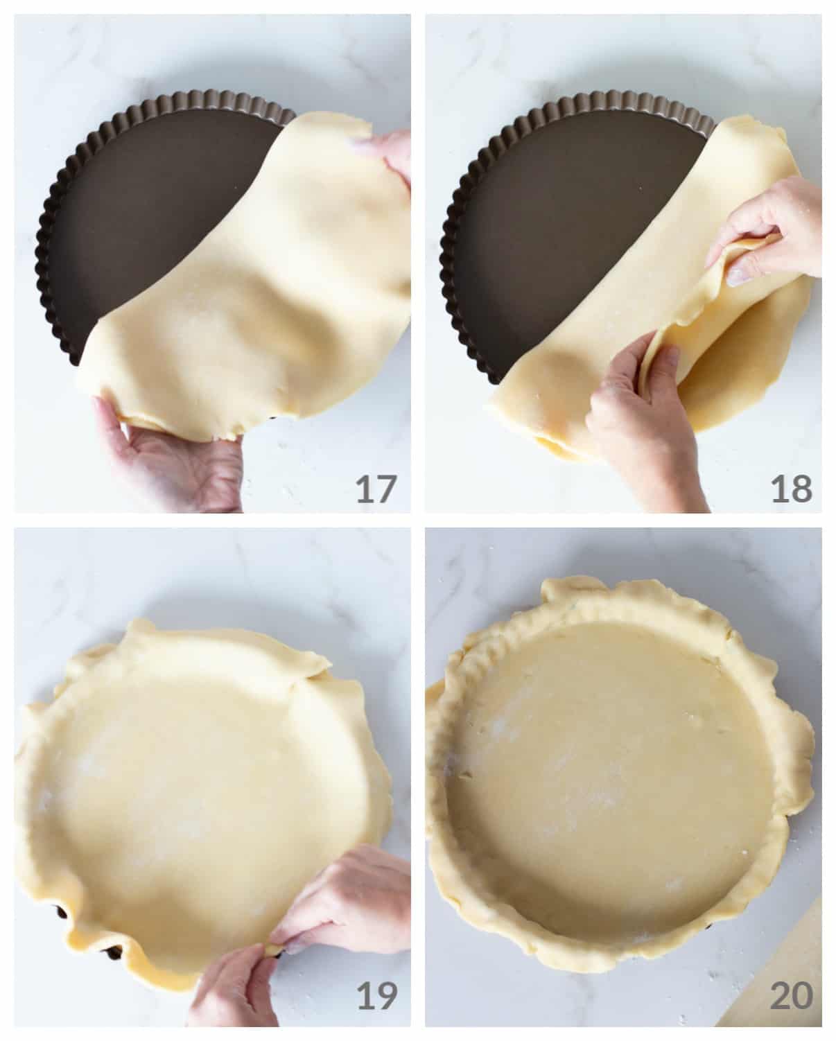 Two hands lining pie pan with sweet dough; step by step image collage