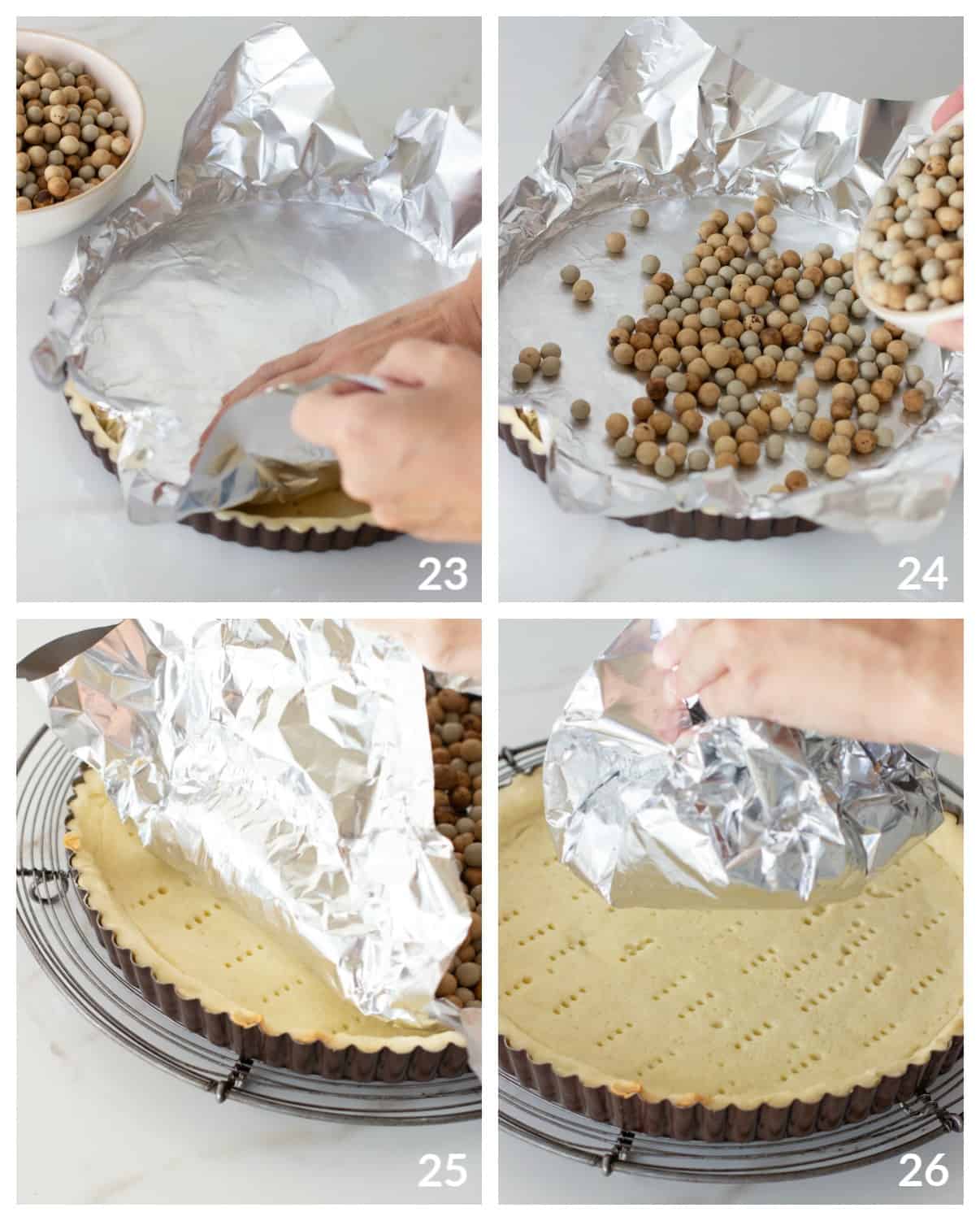 Blind baking image collage; aluminum foil with pie weights, baked tart on wire rack