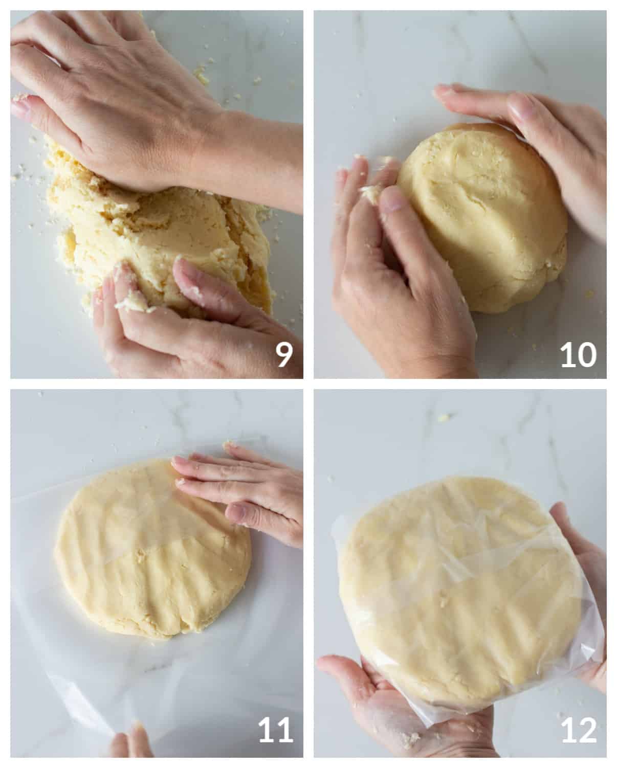 On a white marble surface, hands making pie crust dough ball, image collage