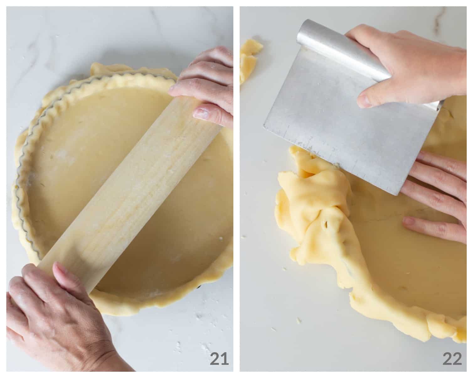 Rolling pin over unbaked pie dough; using scraper to remove excess dough, collage