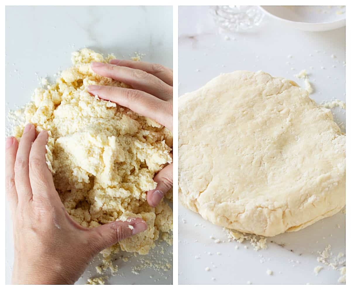 Mixing and forming pie crust dough, a collage