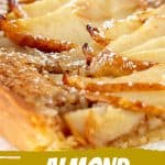 Very close view of pear tart, green and white text and overlay