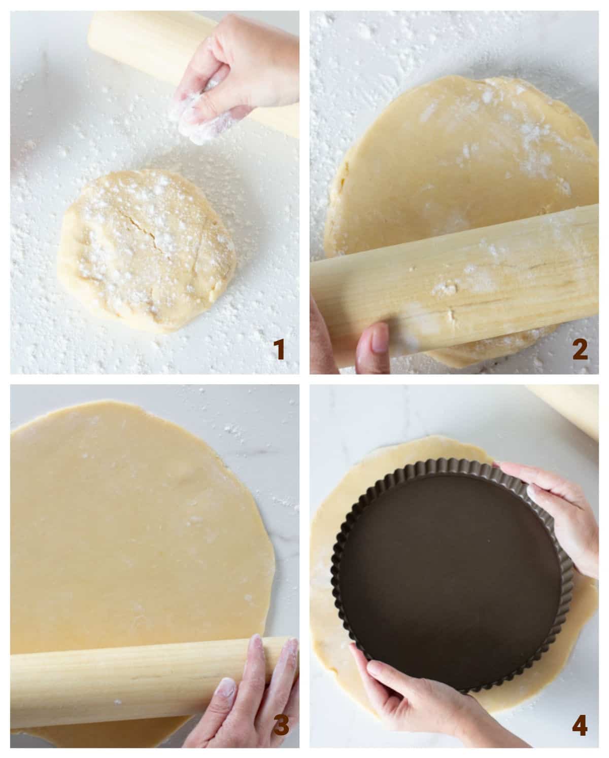 Collage showing hands rolling pie dough with rolling pin on white surface and measuring pie pan