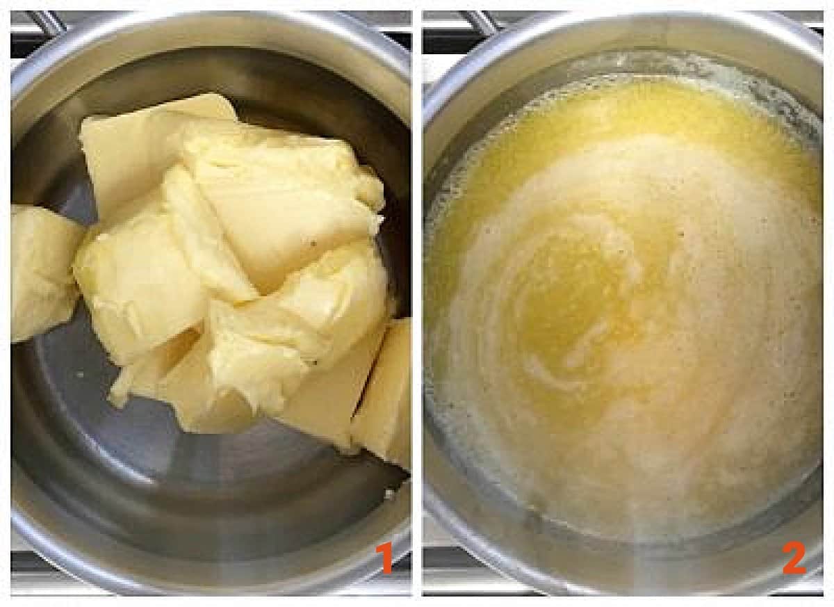 Collage showing butter in metal saucepan, soft and melted