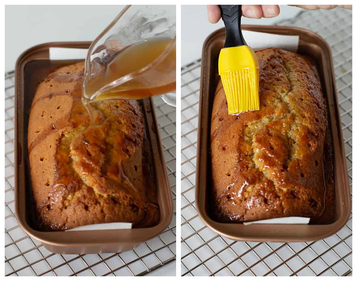 Adding syrup to loaf cake in pan, on a wire rack.