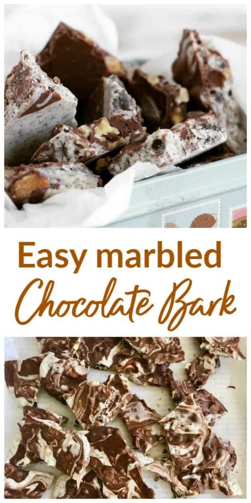 Marbled chocolate bark long pin with text