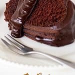 Slice of chocolate bundt cake on white plate, with text