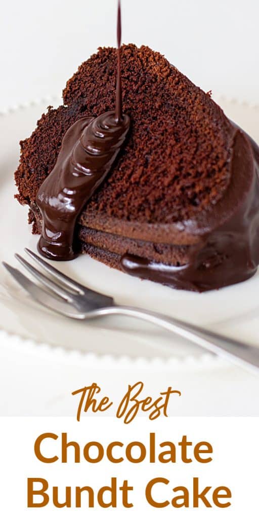 Slice of chocolate bundt cake on white plate, with text