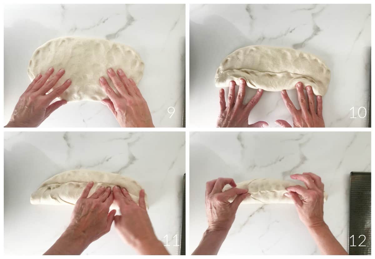 Hands forming bread loaf, rolling and pinching it on white marble surface.