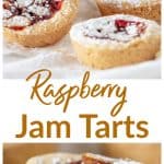 Stacks of jam tarts, bitten tart, long pin with text