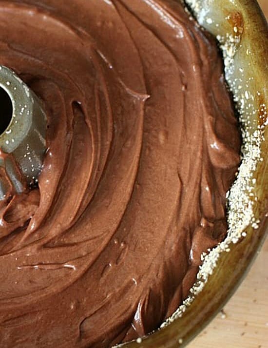 Close up of chocolate cake batter in a bundt cake pan.
