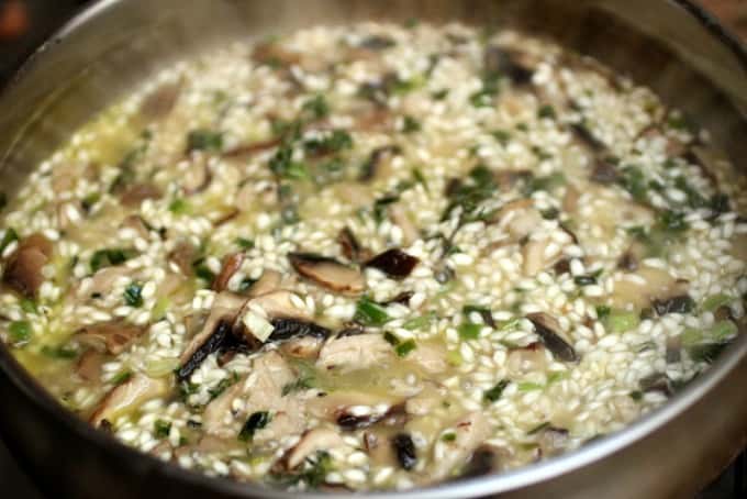 Making mushroom risotto in metal skillet