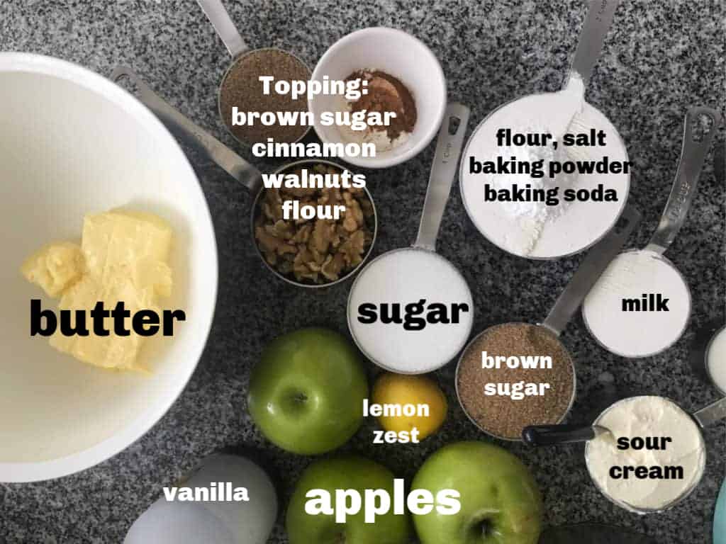 Apple Coffee Cake Ingredients in containers on a grey surface