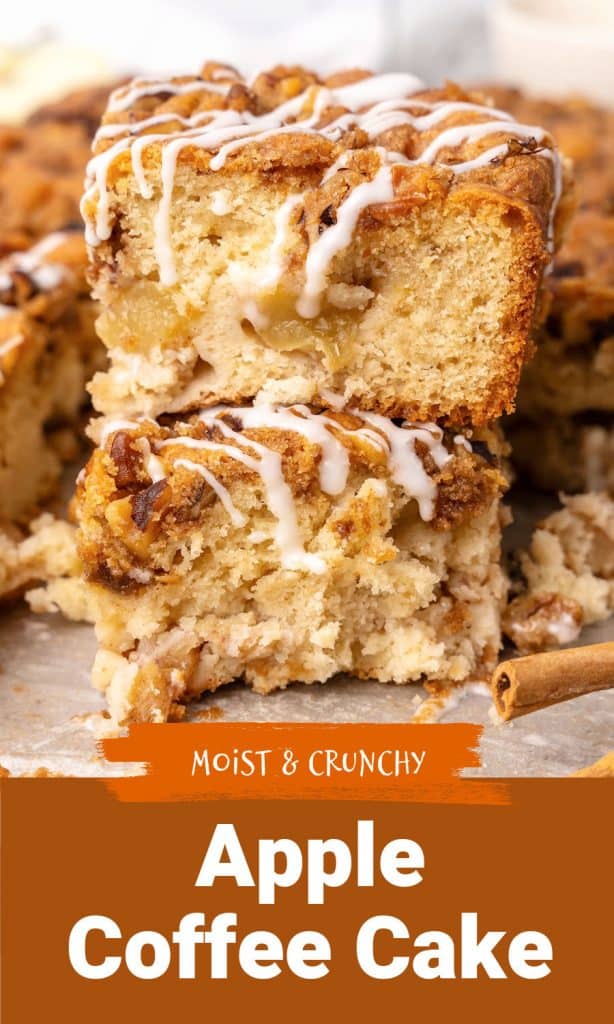 Two squares of glazed apple coffee cake with brown and orange text overlay.