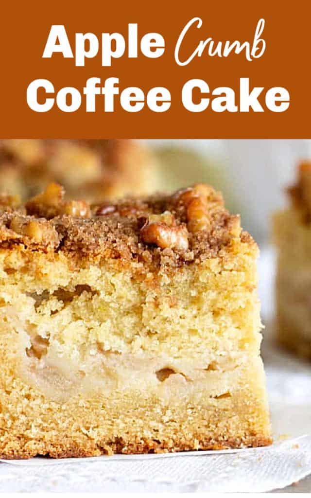Apple coffee cake close up on white surface, beige and white text