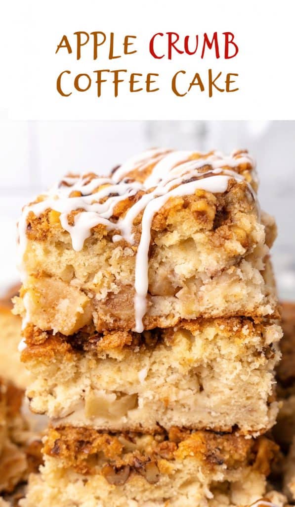 Close up image of glazed apple coffee cake stacked squares. Brown text overlay.