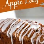 Glazed loaf cake with amber and white text and overlay