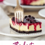 Slice of cheesecake with fork, long pin with text