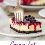 Slice of cheesecake with fork, long pin with text