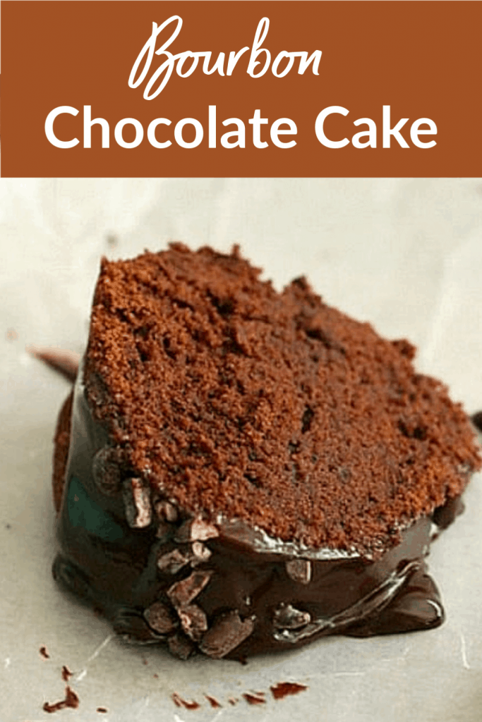 Glazed Bourbon Chocolate Cake long pin with text