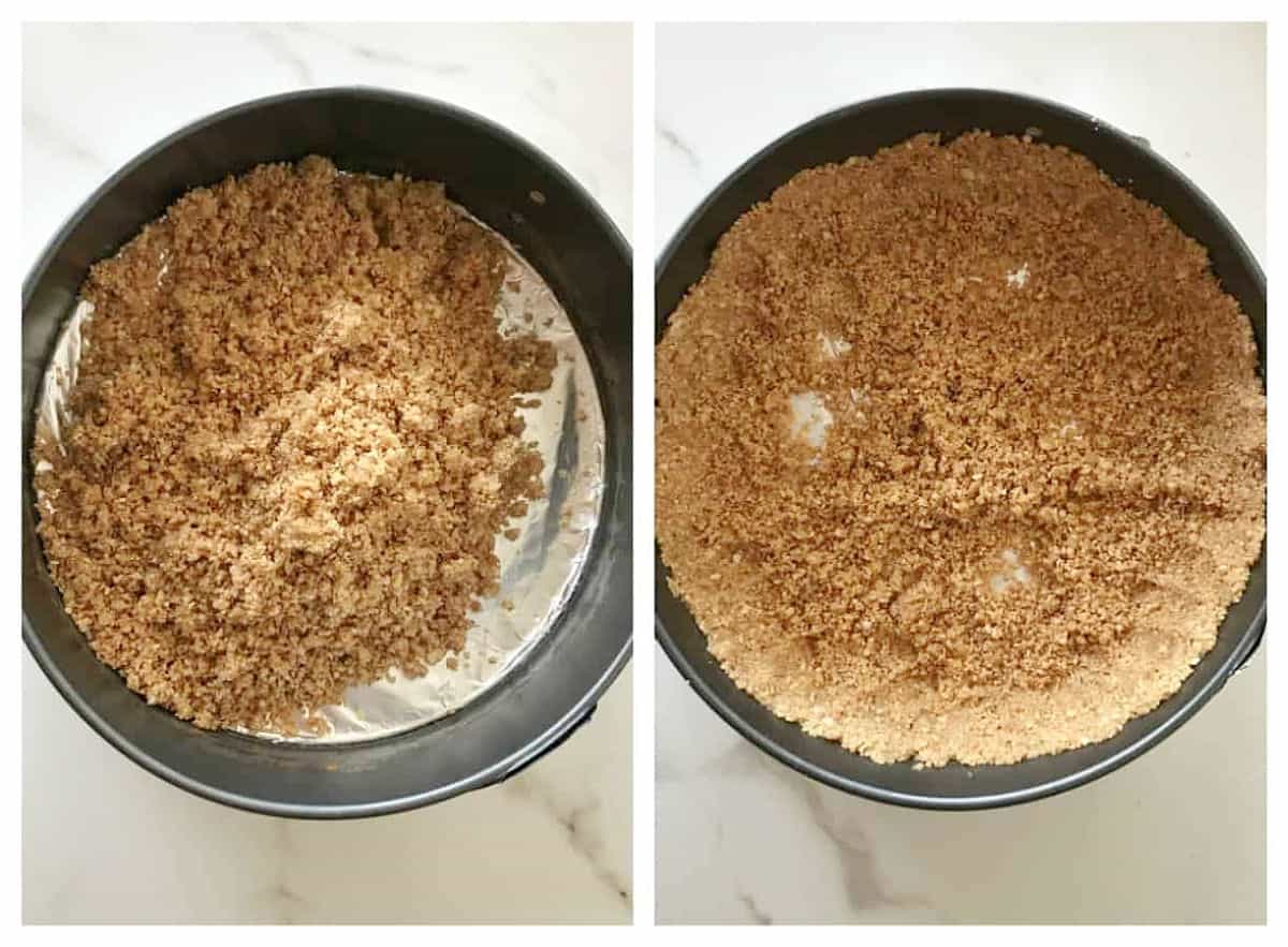 Top view of cheesecake crumb crust process as it's pressed into a round pan on white marble surface.