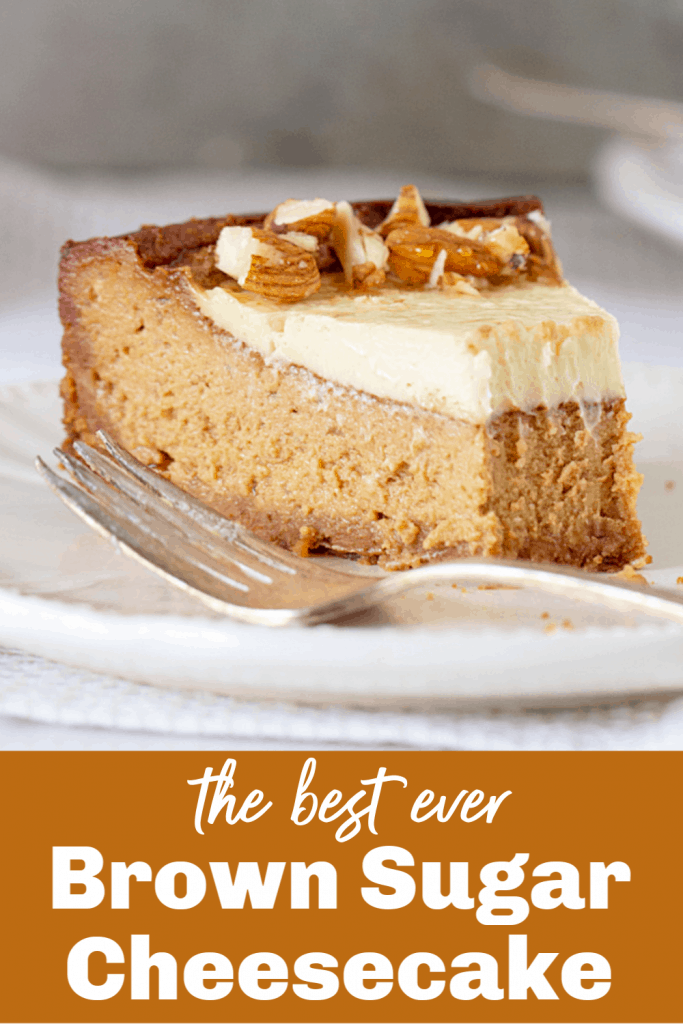 Slice of Brown Sugar Cheesecake on white plate, with text