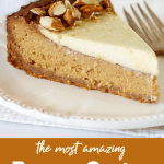 Slice of Brown Sugar Cheesecake on white plate, with text