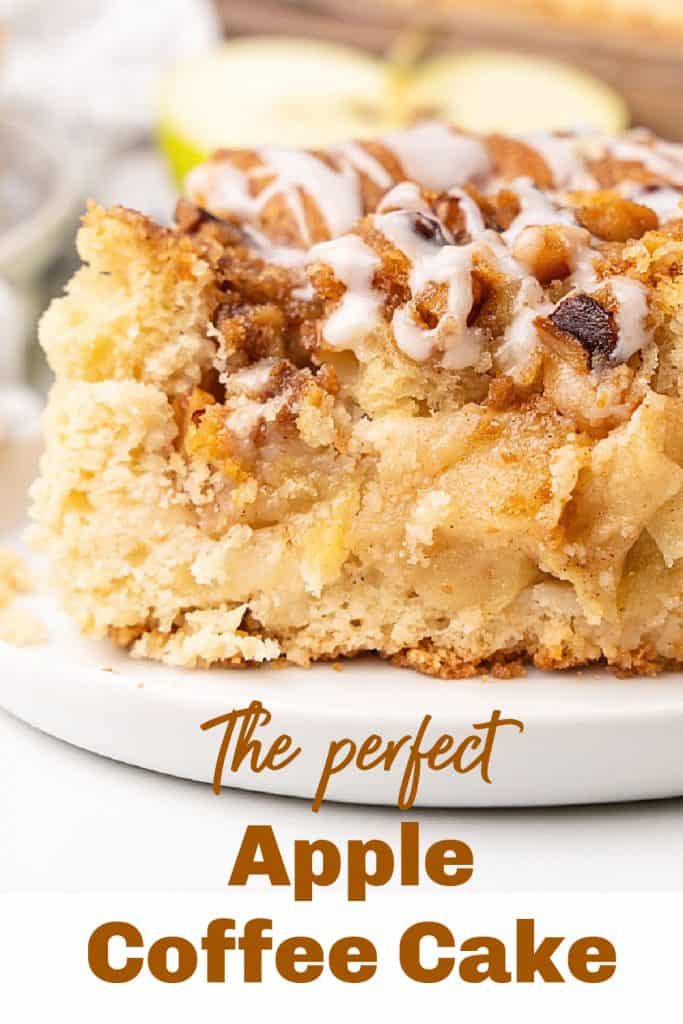 Brown text overlay on close up image of glazed apple coffee cake on a white plate.
