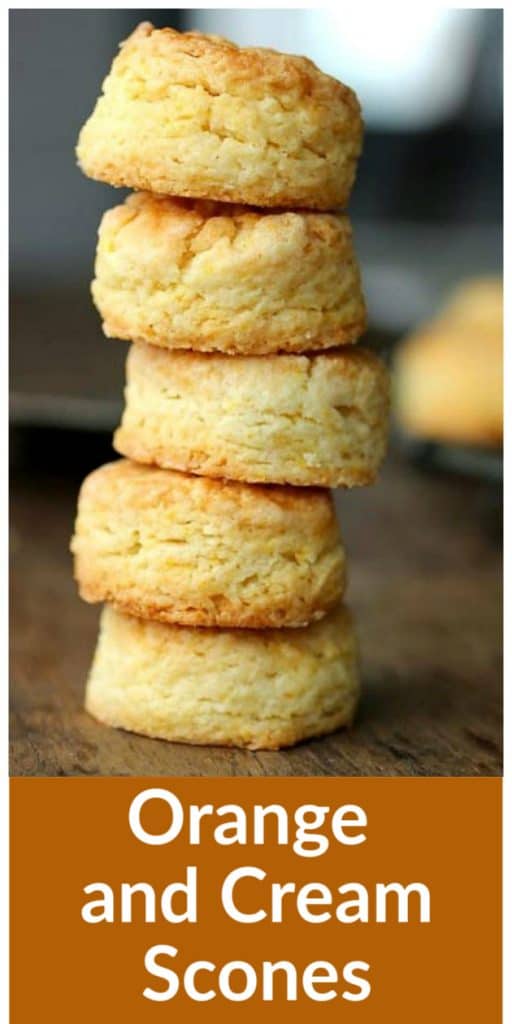 Stack of mini scones on wooden table, with text