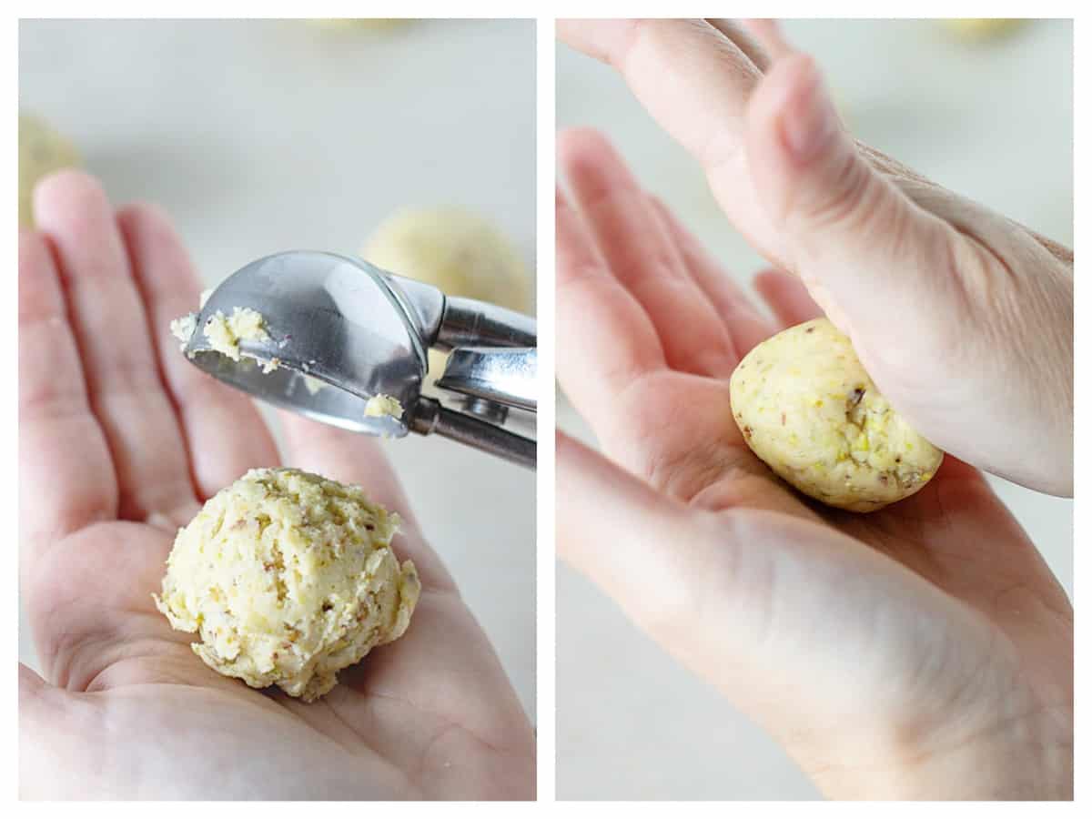 Hands forming balls with cookie dough, two image collage.