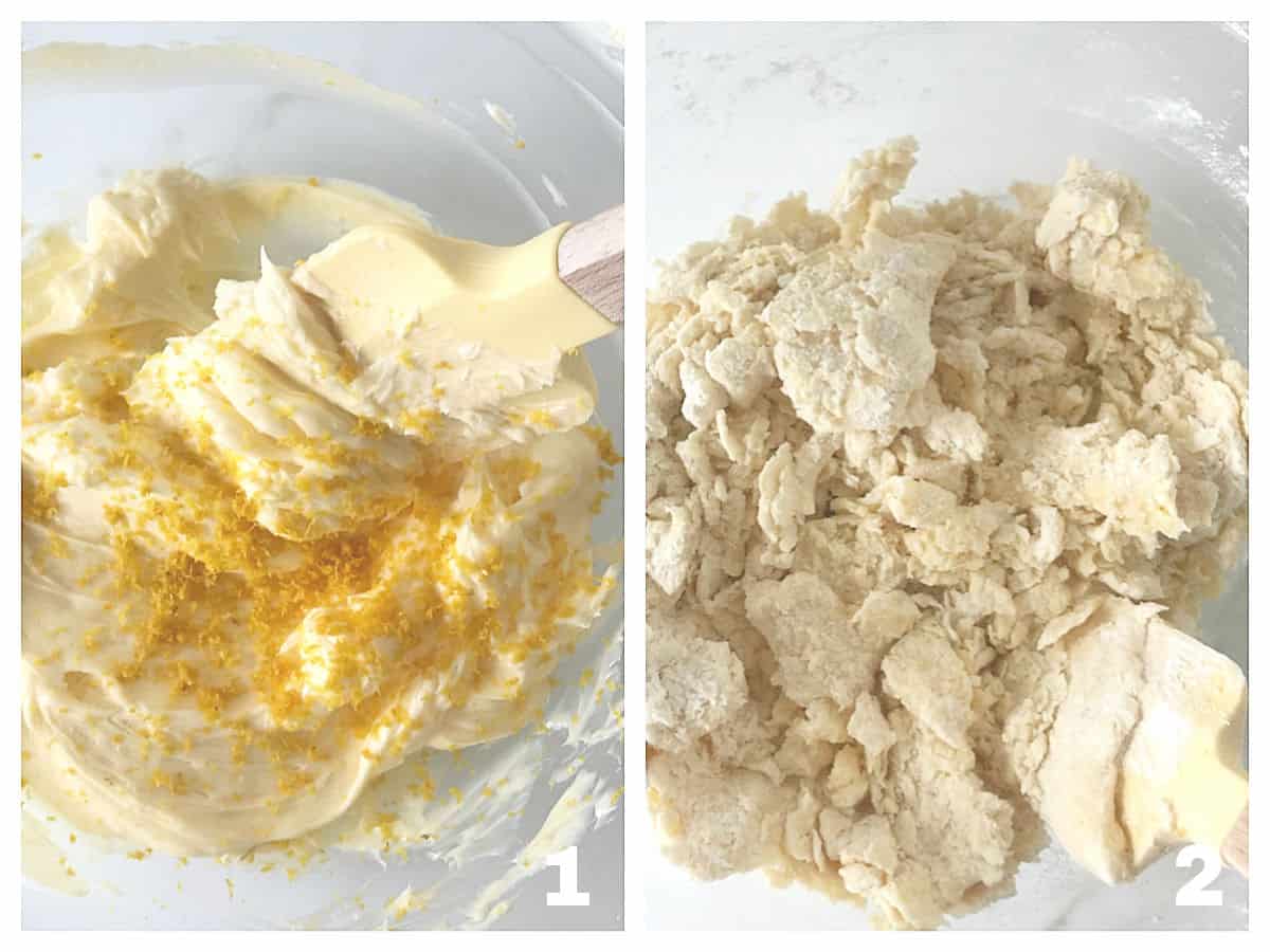 Two image collage of cookie batter with lemon zest, and mixing in the flour.
