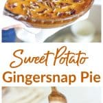 Holding a sweet potato pie in the pan, long pin with text