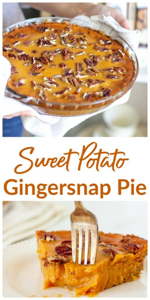 Holding a sweet potato pie in the pan, long pin with text