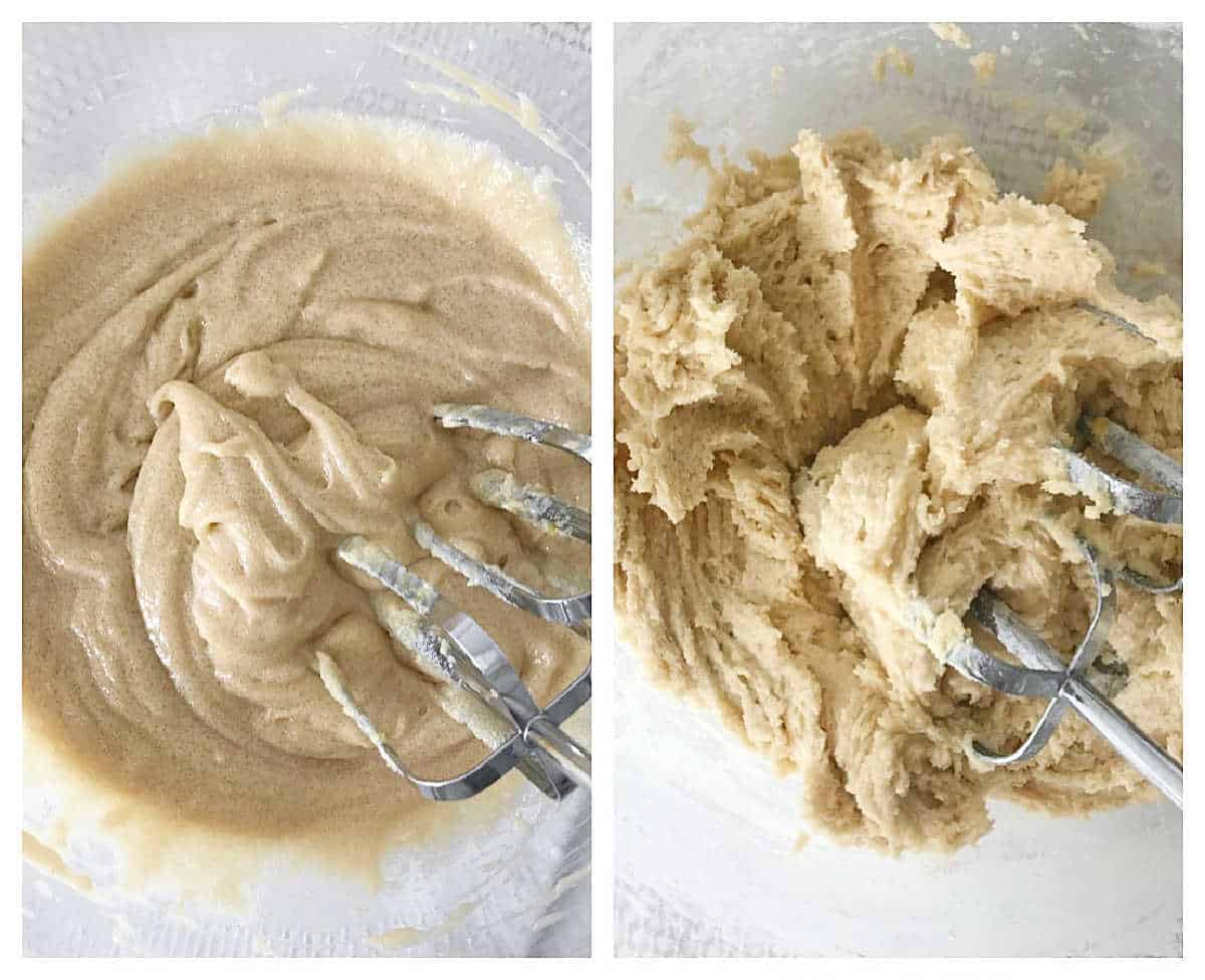 Two image collage with cookie batter process, beating ingredients in a glass bowl.