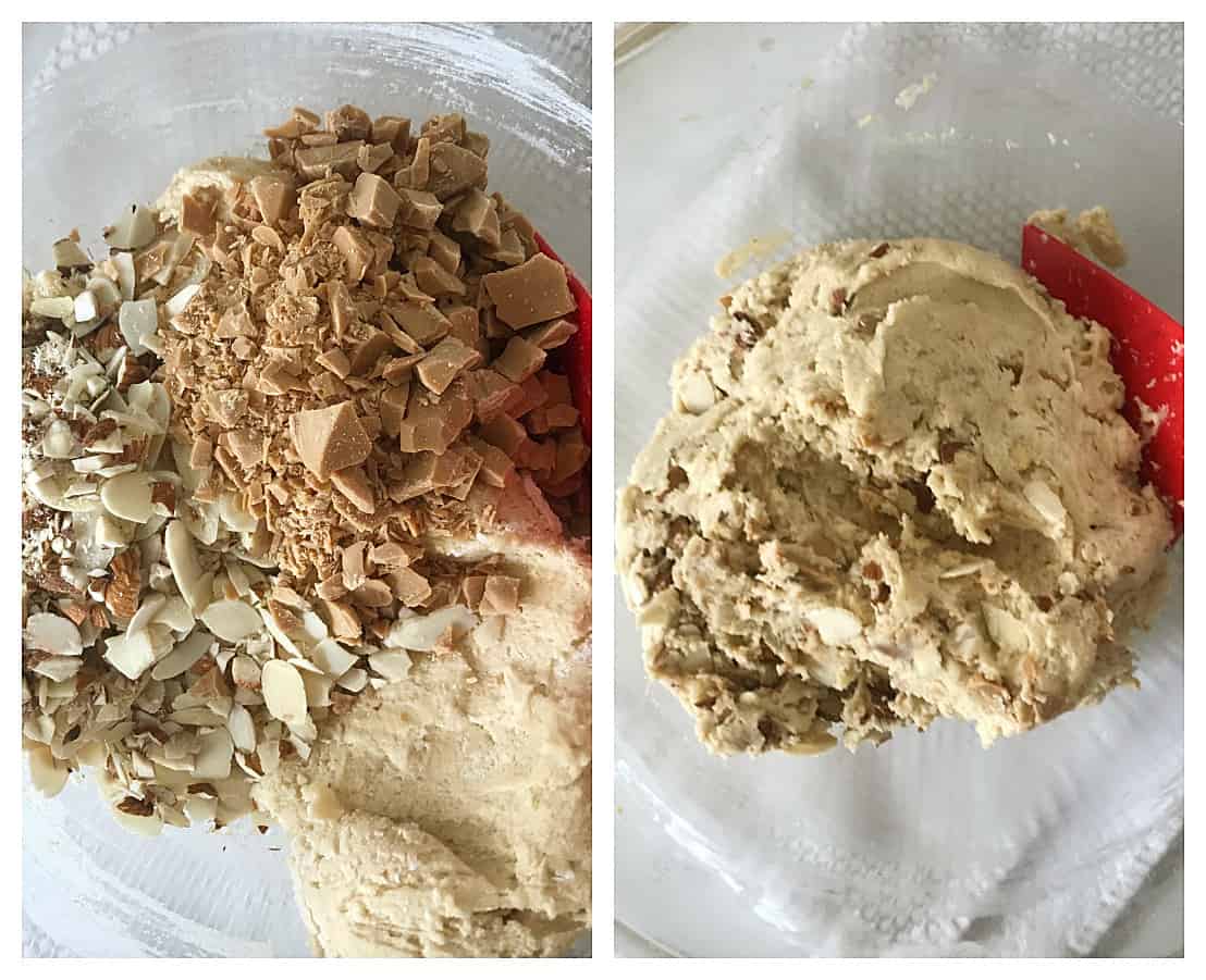 Making cookie dough with white chocolate chunks and almonds