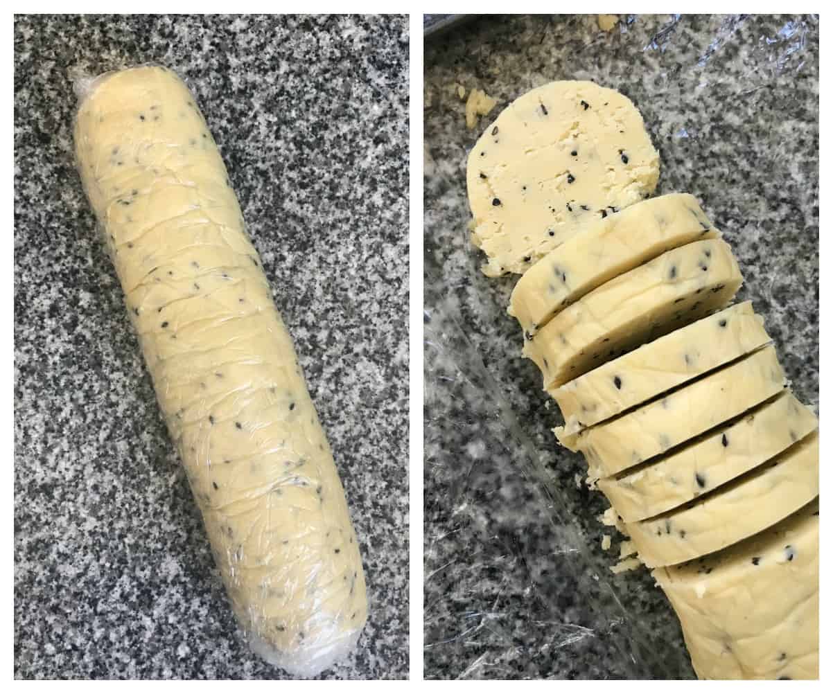 Sesame cookies process shots collage, grey granite with raw log of dough whole and sliced.