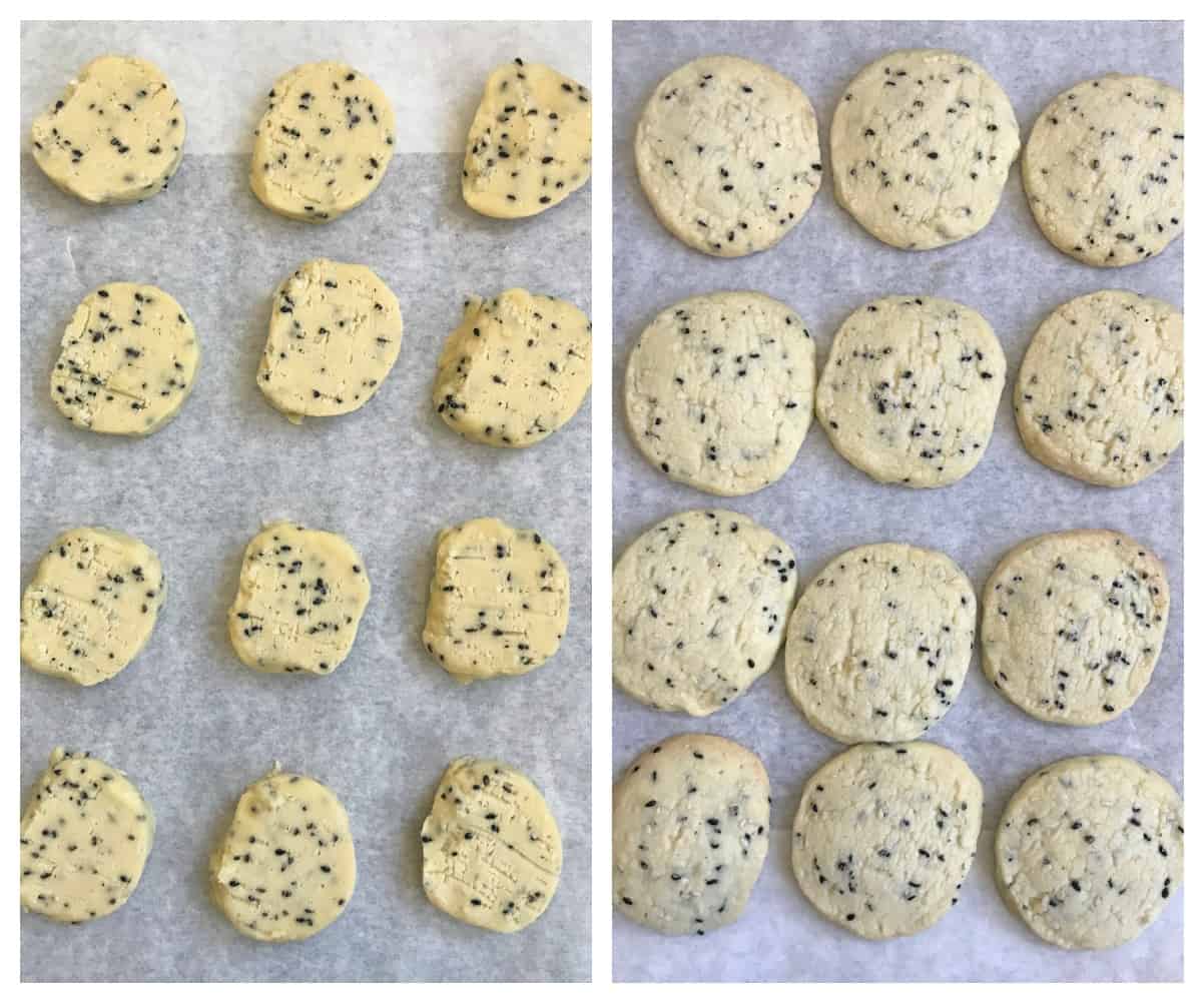 Raw and baked sesame cookies on parchment paper, process collage.