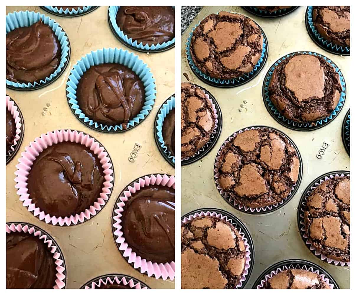 Raw and baked chocolate muffins in pan; image collage