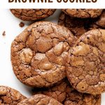 Brownie cookies pile with brown and pink text overlay.