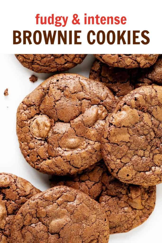 Brownie cookies pile with brown and pink text overlay.
