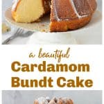 Bundt cake on white cake stand, long pin with text