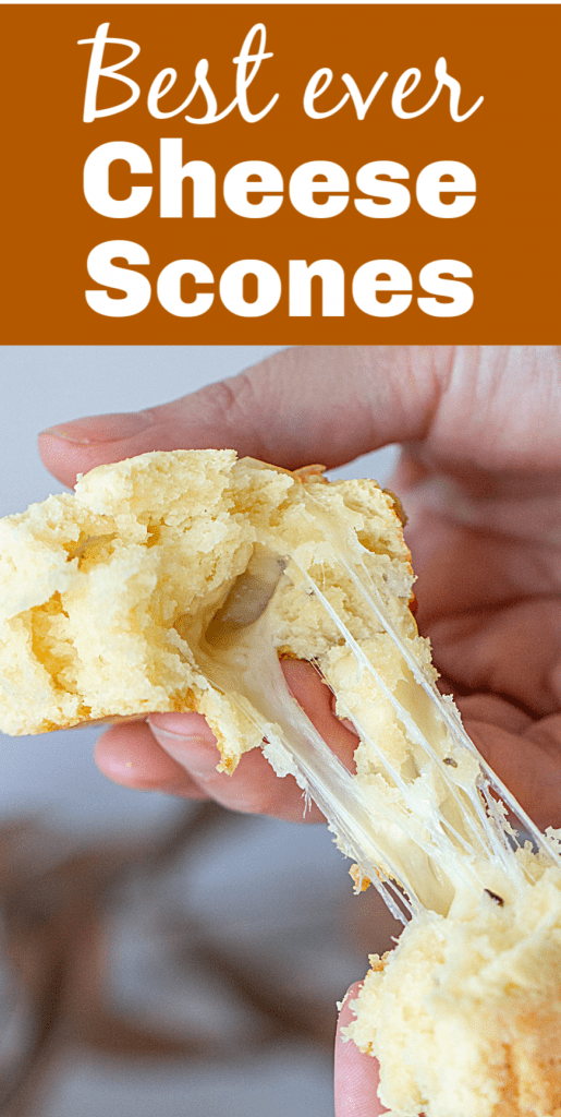 Hands lifting cheese strands from scones, long pin with text
