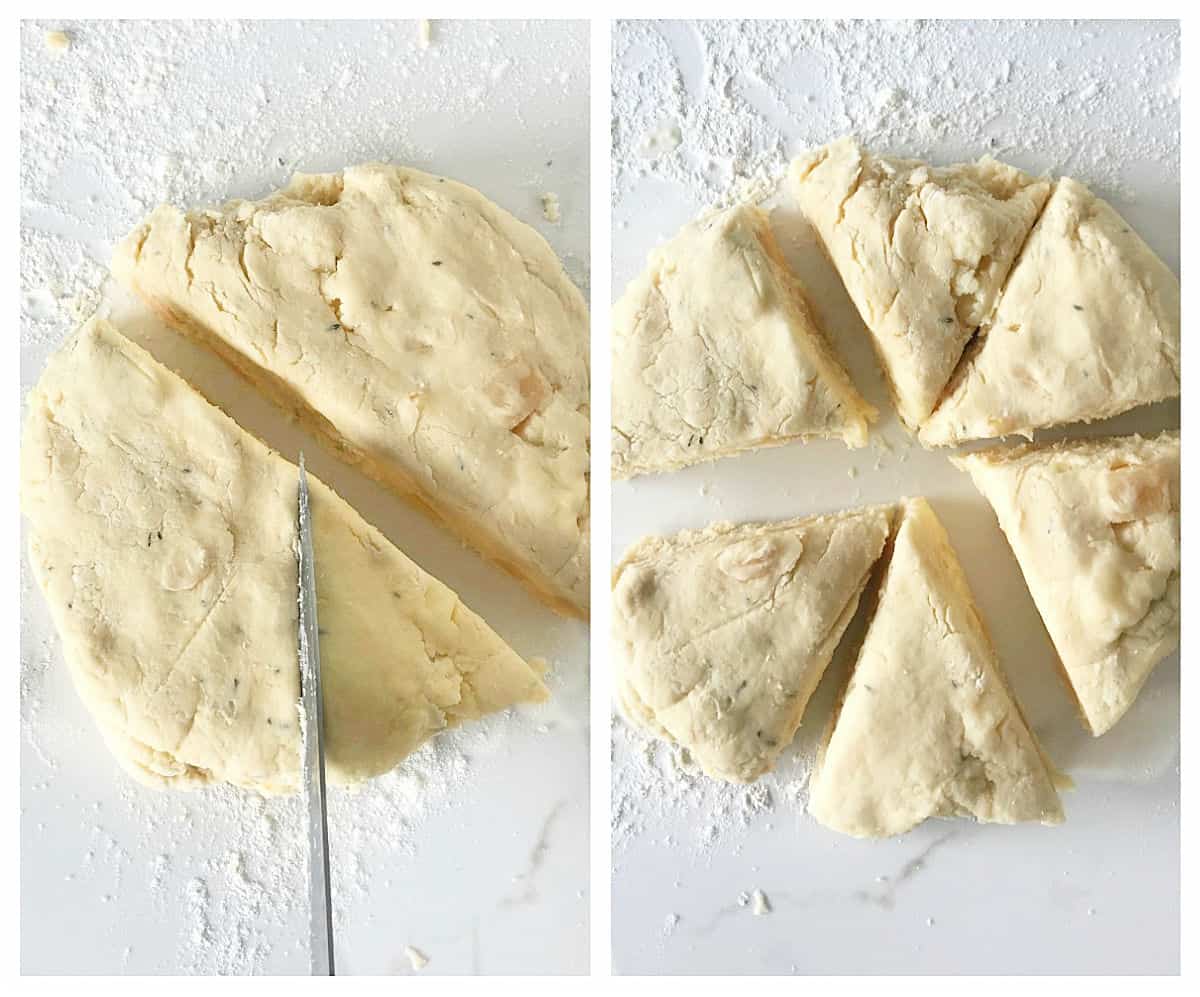 Cutting scone dough into triangles on white surface; two image collage.