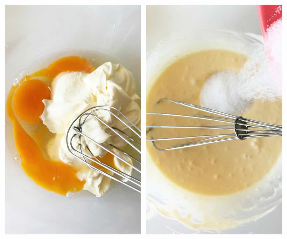 Mixing eggs and cream, and adding sugar; a two image collage