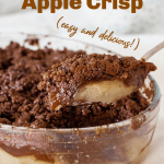 Glass dish with chocolate apple crisp, image with text