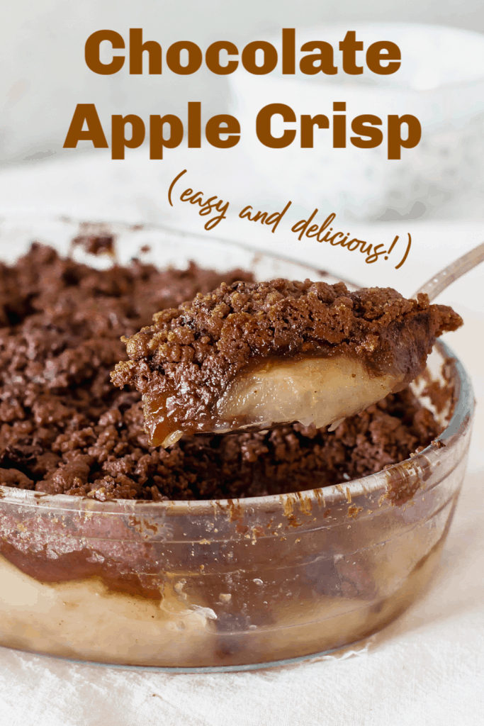 Glass dish with chocolate apple crisp, image with text