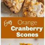 Triangular cranberry orange scones, long pin with text