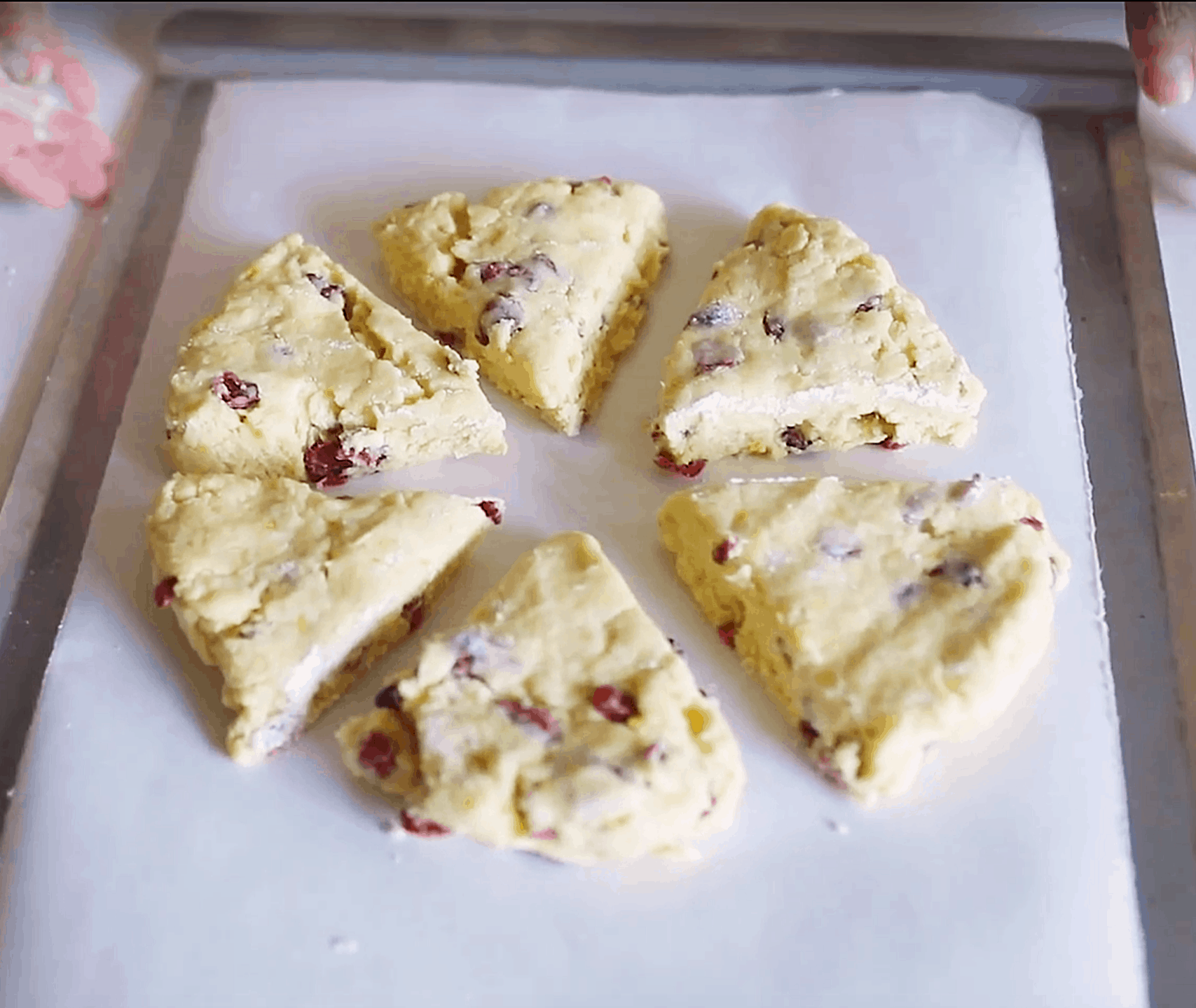 Round of unbaked triangular scones on baking sheet