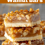 Stack of honey walnut bars on wire rack, long pin with text