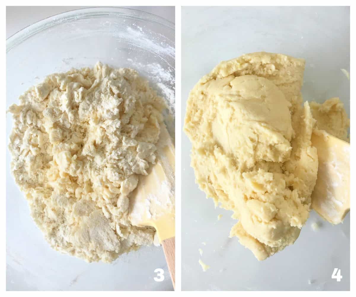 Mixing butter with sugar and flour in a glass bowl with yellow spatula, a collage